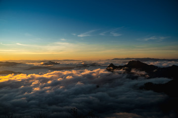 sunrise and sea of fog view on phu chi fa mountain area and national forest park in chiang rai, Thailand.