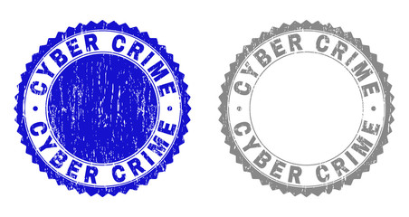 Grunge CYBER CRIME stamp seals isolated on a white background. Rosette seals with grunge texture in blue and grey colors. Vector rubber stamp imprint of CYBER CRIME tag inside round rosette.