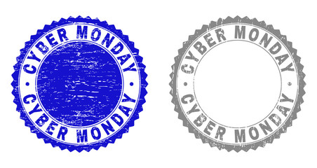 Grunge CYBER MONDAY stamp seals isolated on a white background. Rosette seals with grunge texture in blue and gray colors. Vector rubber stamp imitation of CYBER MONDAY label inside round rosette.