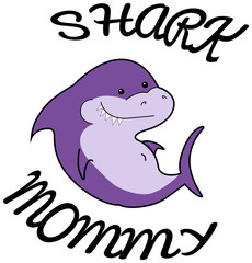 Mommy Shark cartoon sea animal violet shark on a white background. Baby shower cute character for printing on clothes or cards, invitations, posters on the wall, banners, gifts. vector illustration