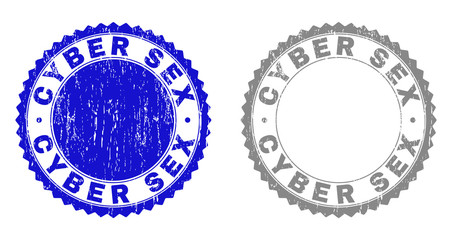 Grunge CYBER SEX stamp seals isolated on a white background. Rosette seals with distress texture in blue and grey colors. Vector rubber stamp imprint of CYBER SEX label inside round rosette.