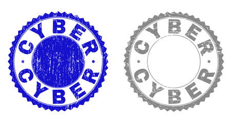 Grunge CYBER stamp seals isolated on a white background. Rosette seals with grunge texture in blue and gray colors. Vector rubber overlay of CYBER caption inside round rosette.