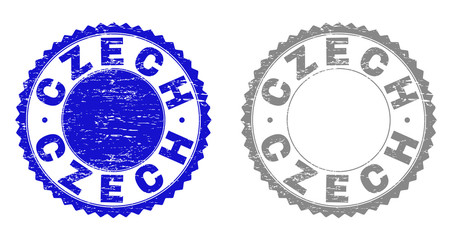 Grunge CZECH stamp seals isolated on a white background. Rosette seals with grunge texture in blue and grey colors. Vector rubber stamp imprint of CZECH tag inside round rosette.