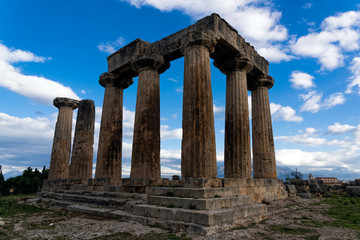 The remains of the Temple of Apollo in the archaeological site of Corinth in Peloponnese, Greece