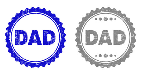 Grunge DAD stamp seals isolated on a white background. Rosette seals with grunge texture in blue and grey colors. Vector rubber stamp imprint of DAD label inside round rosette.