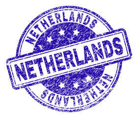 NETHERLANDS stamp seal imprint with grunge texture. Designed with rounded rectangles and circles. Blue vector rubber print of NETHERLANDS text with corroded texture.