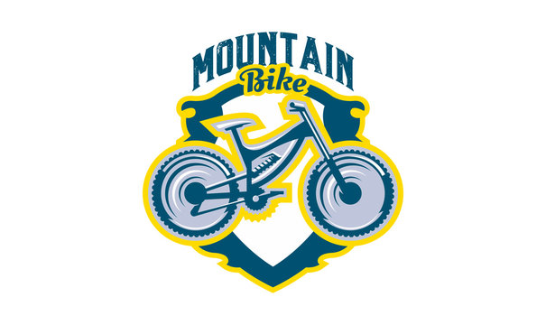 The emblem of the mountain bike. Sport bike logo. Sport bicycle, downhill, mtb, bmx, race, extreme. Vector illustration