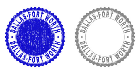 Grunge DALLAS-FORT WORTH stamp seals isolated on a white background. Rosette seals with grunge texture in blue and gray colors.