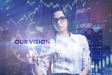 The concept of business, technology, the Internet and the network. A young entrepreneur working on a virtual screen of the future and sees the inscription: Our vision