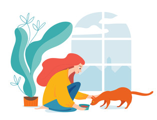 Hygge illustration with a womal feed a cat