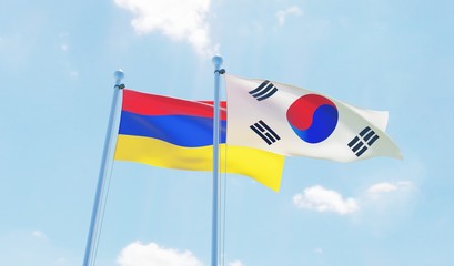 South Korea and Armenia, two flags waving against blue sky. 3d image