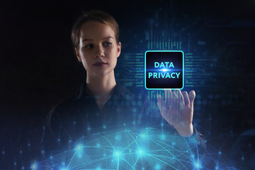 The concept of business, technology, the Internet and the network. A young entrepreneur working on a virtual screen of the future and sees the inscription: Data privacy