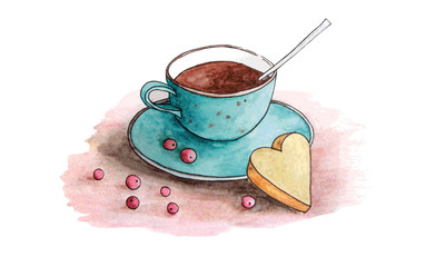 Cup of tee with cookie. Watercolor drawing vector illuctration