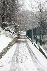 Naklejka premium covered snow alleyway in a city park