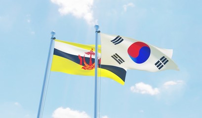 South Korea and Brunei, two flags waving against blue sky. 3d image