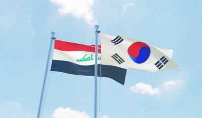 South Korea and Iraq, two flags waving against blue sky. 3d image