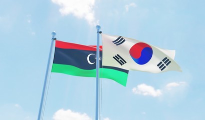 South Korea and Libya, two flags waving against blue sky. 3d image