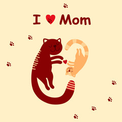 Cute cat and heart with a kitten symbolize love for mom greeting card for mother's day 