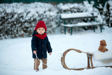 Baby playing with teddy in the snow, winter time. Little toddler boy in blue coat, sliding on...