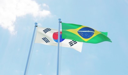 South Korea and Brazil, two flags waving against blue sky. 3d image