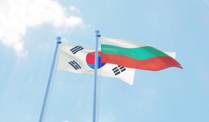 South Korea and Bulgaria, two flags waving against blue sky. 3d image