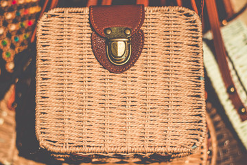 Rattan square bag in street shop. Brazil