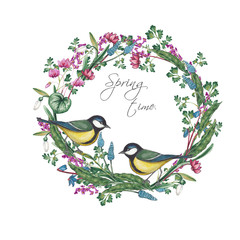 Birds in wreath of spring flowers.