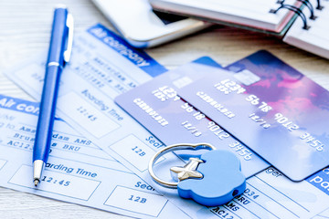 Payment online concept with cards and tickets on light table