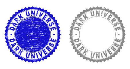 Grunge DARK UNIVERSE stamp seals isolated on a white background. Rosette seals with distress texture in blue and gray colors. Vector rubber stamp imprint of DARK UNIVERSE tag inside round rosette.