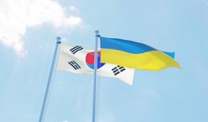 South Korea and Ukraine, two flags waving against blue sky. 3d image