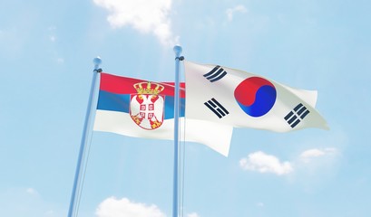 South Korea and Serbia, two flags waving against blue sky. 3d image