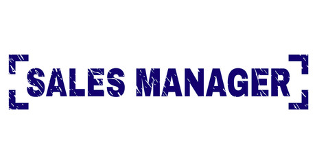 SALES MANAGER text seal print with corroded texture. Text tag is placed between corners. Blue vector rubber print of SALES MANAGER with corroded texture.