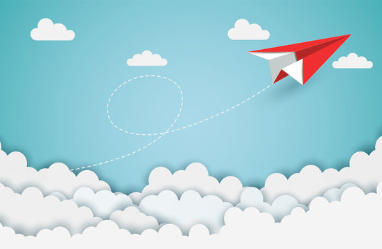 concept of business success, paper plane red flying on sky while flying above a cloud. beautiful natural landscape. to the target. startup. creative idea.  illustration cartoon vector
