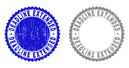 Obraz premium Grunge DEADLINE EXTENDED stamp seals isolated on a white background. Rosette seals with grunge texture in blue and gray colors.