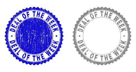 Grunge DEAL OF THE WEEK stamp seals isolated on a white background. Rosette seals with grunge texture in blue and gray colors.