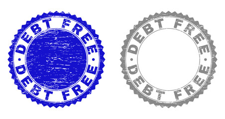 Grunge DEBT FREE stamp seals isolated on a white background. Rosette seals with distress texture in blue and grey colors. Vector rubber stamp imitation of DEBT FREE title inside round rosette.