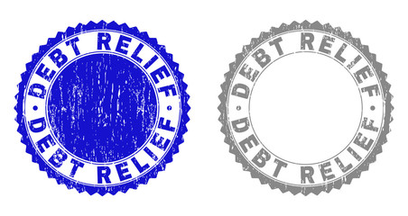 Grunge DEBT RELIEF stamp seals isolated on a white background. Rosette seals with grunge texture in blue and grey colors. Vector rubber stamp imitation of DEBT RELIEF label inside round rosette.