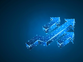 Arrow growth, success, team work sign. Three arrow goes up wireframe digital 3d illustration. Low poly colaboration concept with lines, dots on blue background. Raster neon polygonal RGB color