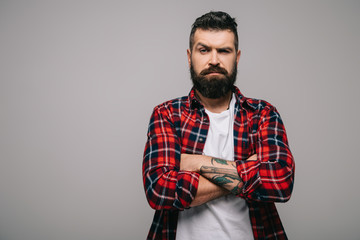 suspicious bearded man in checkered shirt with crossed arms isolated on grey