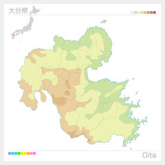 大分県の地図（等高線・色分け）