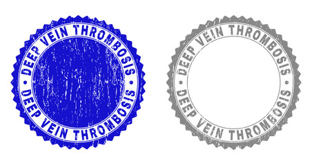 Obraz premium Grunge DEEP VEIN THROMBOSIS stamp seals isolated on a white background. Rosette seals with grunge texture in blue and gray colors.