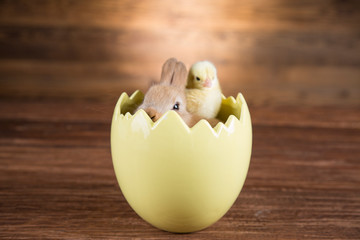 Easter rabbit and chicken in the shell of eggs