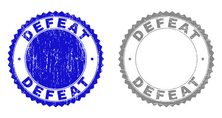 Grunge DEFEAT stamp seals isolated on a white background. Rosette seals with grunge texture in blue and grey colors. Vector rubber stamp imitation of DEFEAT caption inside round rosette.