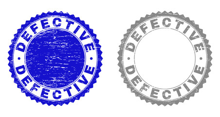 Grunge DEFECTIVE stamp seals isolated on a white background. Rosette seals with distress texture in blue and grey colors. Vector rubber stamp imprint of DEFECTIVE label inside round rosette.