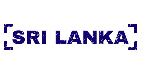 SRI LANKA label seal print with distress texture. Text caption is placed between corners. Blue vector rubber print of SRI LANKA with retro texture.