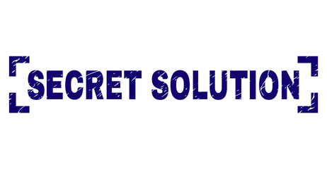 SECRET SOLUTION label seal print with distress texture. Text label is placed between corners. Blue vector rubber print of SECRET SOLUTION with grunge texture.
