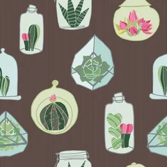 Wall murals Terrarium plants Hand drawn colorful terrarium collection on a brown earth tone striped background. Seamless vector pattern.