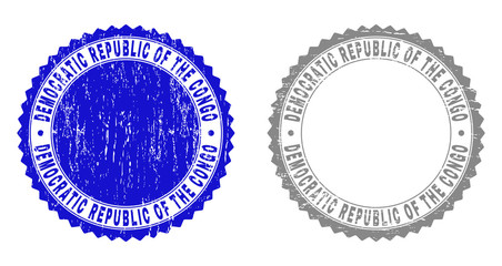 Grunge DEMOCRATIC REPUBLIC OF THE CONGO stamp seals isolated on a white background. Rosette seals with distress texture in blue and gray colors.