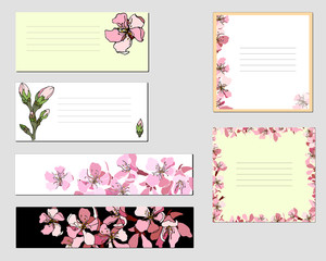  A set of templates with pink flowers, layout, corporate identity and design in soft pastel colors. For modern design, advertising, posters, advertising, presentations