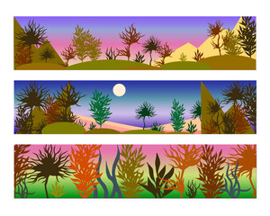 Color vector illustrations of landscapes in purple and pink colors.